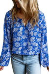 PACK25122862-5-1, Blue Floral Notched V-Neck Long Sleeve Blouse