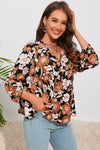 PACK25121883-17-1, Brown Floral Print 3/4 Sleeve Babydoll Blouse