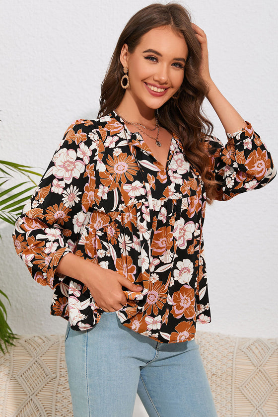 PACK25121883-17-1, Brown Floral Print 3/4 Sleeve Babydoll Blouse