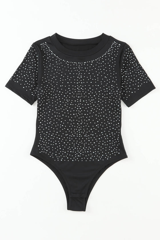 PACK6421365-2-1, Black Rhinestone Allover Round Neck Short Sleeve Bodysuit
