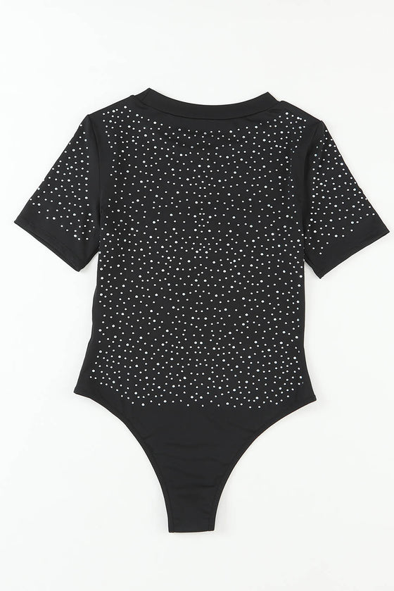 PACK6421365-2-1, Black Rhinestone Allover Round Neck Short Sleeve Bodysuit