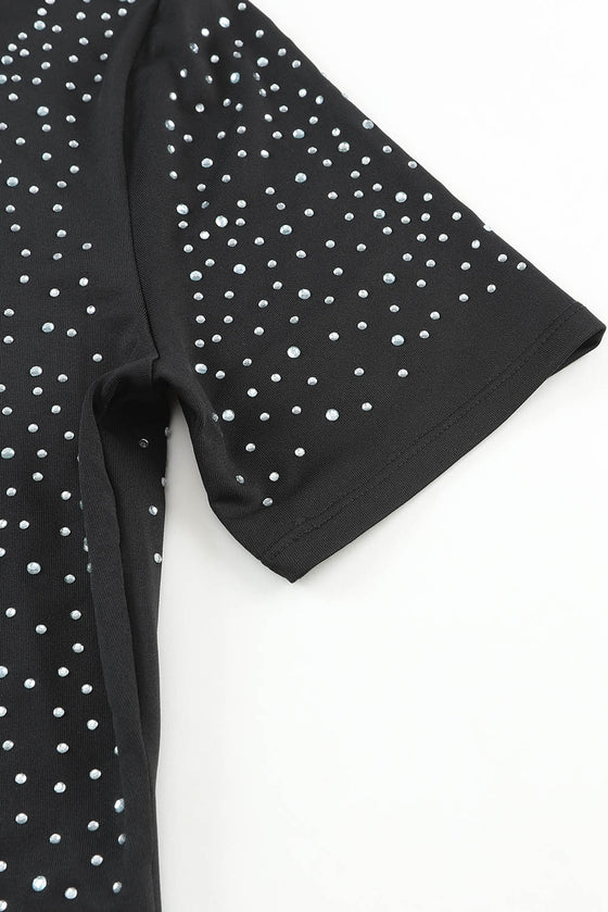 PACK6421365-2-1, Black Rhinestone Allover Round Neck Short Sleeve Bodysuit