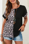 PACK25120368-2-1, Black Half Leopard Patchwork Short Sleeves Top