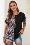 PACK25120368-2-1, Black Half Leopard Patchwork Short Sleeves Top