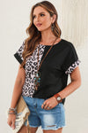 PACK25120368-2-1, Black Half Leopard Patchwork Short Sleeves Top