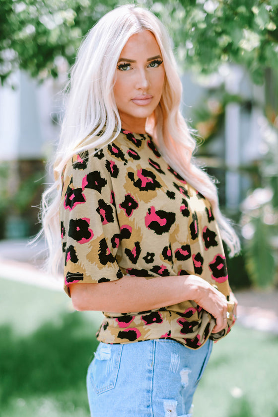 PACK25219373-17-1, Brown Boyfriend Print Loose T Shirt