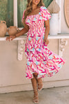 PACK6115787-10-1, Pink Brush Stroke Printed Smocked Ruffle Tiered Dress