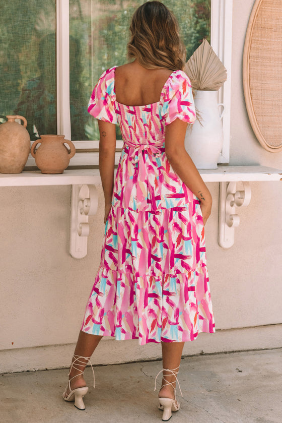 PACK6115787-10-1, Pink Brush Stroke Printed Smocked Ruffle Tiered Dress