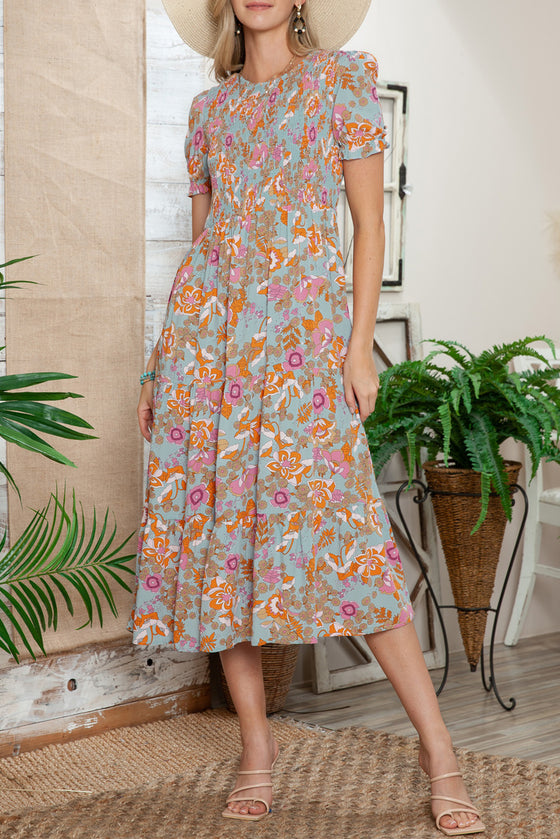 PACK6115620-4-1, Sky Blue Floral Bubble Sleeve Smocked Flowy Ruffle Dress