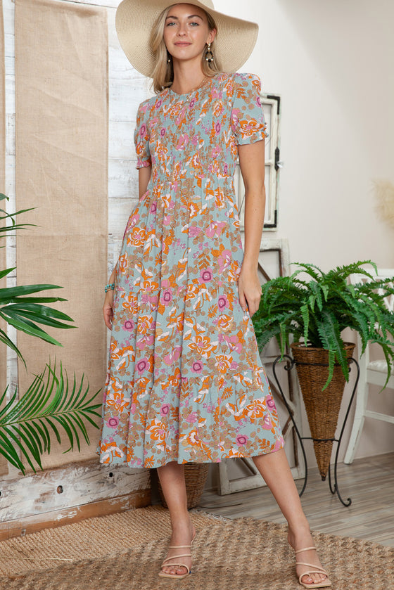 PACK6115620-4-1, Sky Blue Floral Bubble Sleeve Smocked Flowy Ruffle Dress