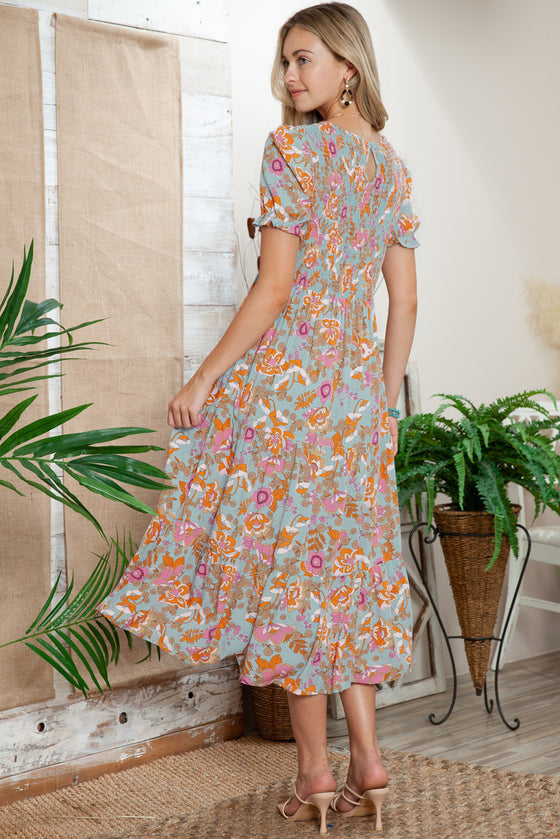 PACK6115620-4-1, Sky Blue Floral Bubble Sleeve Smocked Flowy Ruffle Dress