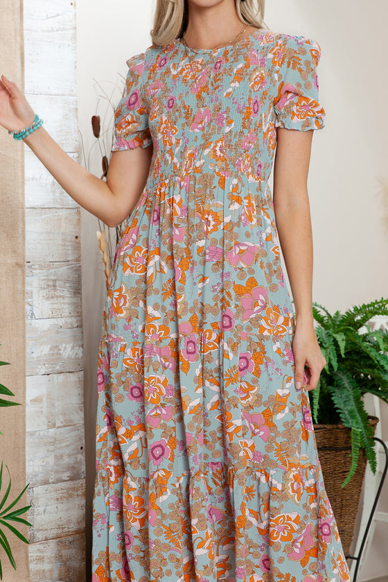 PACK6115620-4-1, Sky Blue Floral Bubble Sleeve Smocked Flowy Ruffle Dress