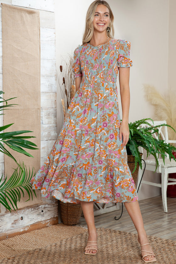 PACK6115620-4-1, Sky Blue Floral Bubble Sleeve Smocked Flowy Ruffle Dress