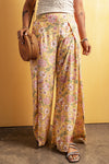 PACK7712228-7-1, Yellow Floral Print High Slit Wide Leg Pants