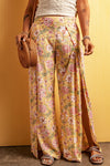 PACK7712228-7-1, Yellow Floral Print High Slit Wide Leg Pants