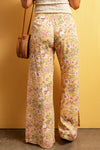 PACK7712228-7-1, Yellow Floral Print High Slit Wide Leg Pants