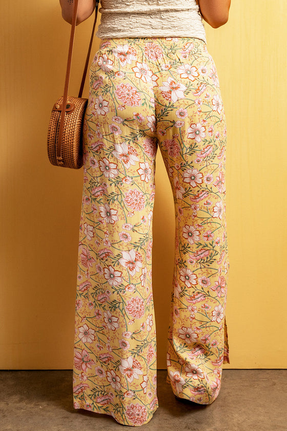 PACK7712228-7-1, Yellow Floral Print High Slit Wide Leg Pants