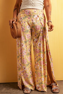  PACK7712228-7-1, Yellow Floral Print High Slit Wide Leg Pants