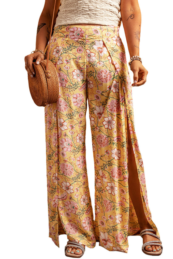 PACK7712228-7-1, Yellow Floral Print High Slit Wide Leg Pants