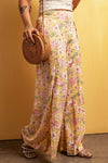 PACK7712228-7-1, Yellow Floral Print High Slit Wide Leg Pants