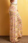 PACK7712228-7-1, Yellow Floral Print High Slit Wide Leg Pants