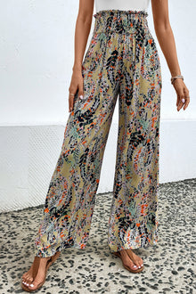  PACK7711405-22-1, Multicolor Floral Print Shirred High Waist Wide Leg Casual Pants