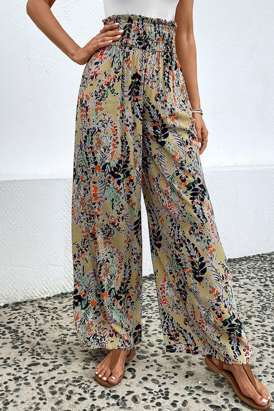 PACK7711405-22-1, Multicolor Floral Print Shirred High Waist Wide Leg Casual Pants