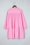 PACK6116574-10-1, Pink Turn-down Neck Textured Bubble Sleeve Dress