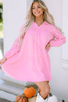 PACK6116574-10-1, Pink Turn-down Neck Textured Bubble Sleeve Dress
