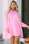 PACK6116574-10-1, Pink Turn-down Neck Textured Bubble Sleeve Dress