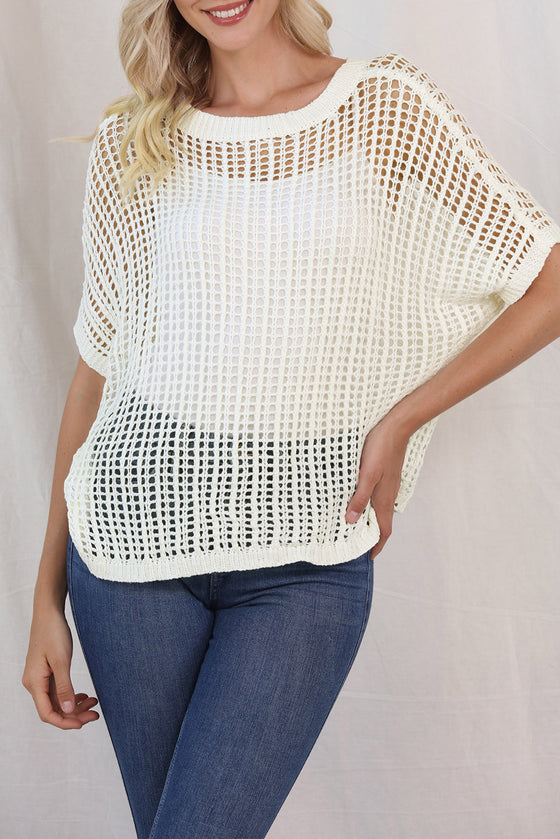 PACK277006-1-2, White Fishnet Knit Ribbed Round Neck Short Sleeve Sweater Tee