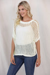 PACK277006-1-2, White Fishnet Knit Ribbed Round Neck Short Sleeve Sweater Tee