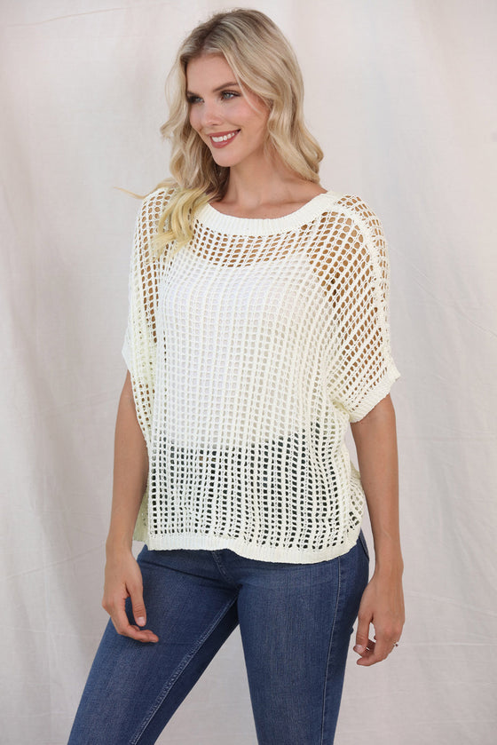PACK277006-1-2, White Fishnet Knit Ribbed Round Neck Short Sleeve Sweater Tee