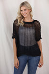 PACK277006-2-2, Black Fishnet Knit Ribbed Round Neck Short Sleeve Sweater Tee