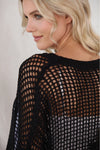PACK277006-2-2, Black Fishnet Knit Ribbed Round Neck Short Sleeve Sweater Tee
