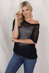 PACK277006-2-2, Black Fishnet Knit Ribbed Round Neck Short Sleeve Sweater Tee