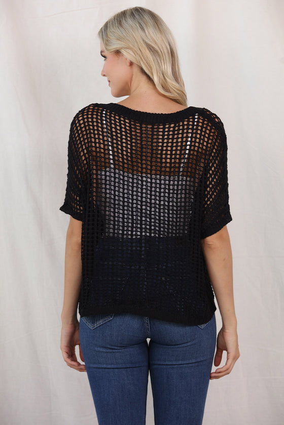 PACK277006-2-2, Black Fishnet Knit Ribbed Round Neck Short Sleeve Sweater Tee