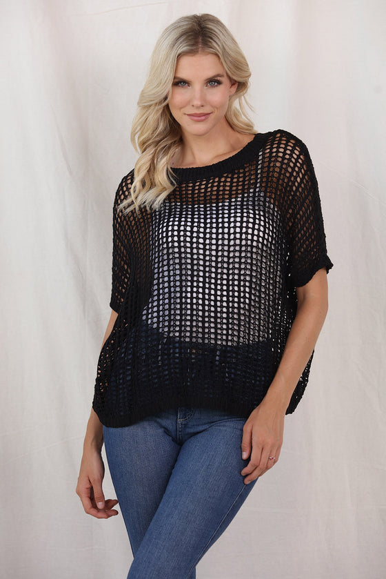 PACK277006-2-2, Black Fishnet Knit Ribbed Round Neck Short Sleeve Sweater Tee