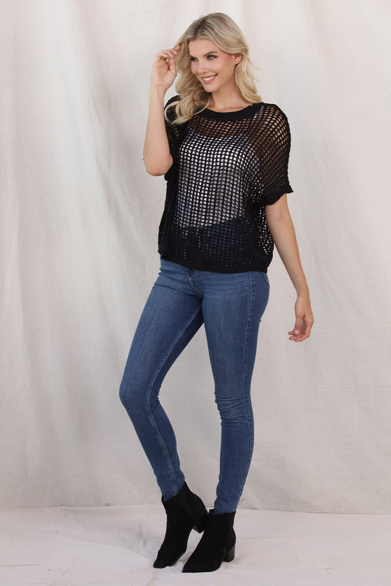 PACK277006-2-2, Black Fishnet Knit Ribbed Round Neck Short Sleeve Sweater Tee