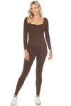 LC2631156-17-S, LC2631156-17-M, LC2631156-17-L, PACK2631156-17-1, Brown  Ruched Square Neck Long Sleeve Sports Jumpsuit