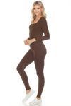 LC2631156-17-S, LC2631156-17-M, LC2631156-17-L, PACK2631156-17-1, Brown  Ruched Square Neck Long Sleeve Sports Jumpsuit