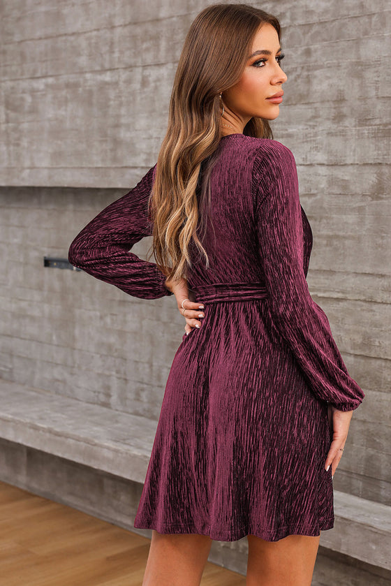 PACK6116657-3-1, Red Tie Waist Crinkle Velvet Dress