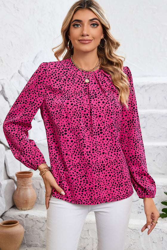 PACK25122357-6-1, Rose Leopard Print Pleated Blouse with Keyhole