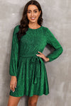 PACK6116657-9-1, Green Tie Waist Crinkle Velvet Dress