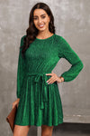 PACK6116657-9-1, Green Tie Waist Crinkle Velvet Dress