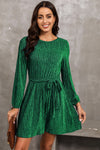 PACK6116657-9-1, Green Tie Waist Crinkle Velvet Dress