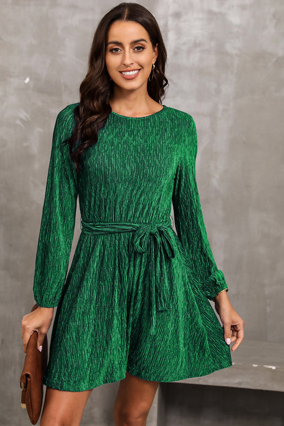 PACK6116657-9-1, Green Tie Waist Crinkle Velvet Dress