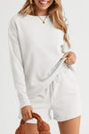 PACK625104-1-1, White  Textured Long Sleeve Top And Drawstring Shorts Set