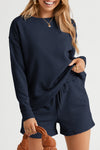 PACK625104-P605-1, Navy Blue Textured Long Sleeve Top And Drawstring Shorts Set