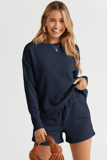  PACK625104-P605-1, Navy Blue Textured Long Sleeve Top And Drawstring Shorts Set